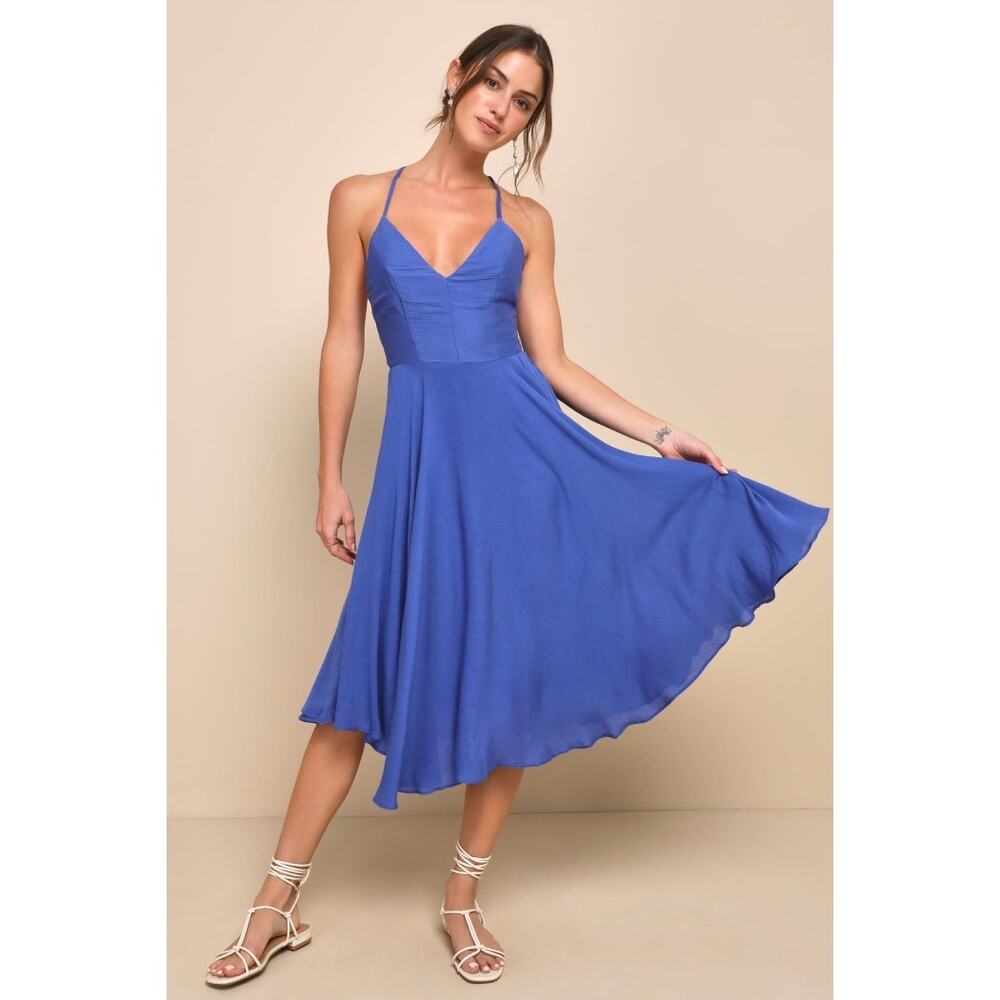 NWT Lulus Troulos Royal Blue Lace-Up Midi Dress Party Cocktail Night Out Size S
